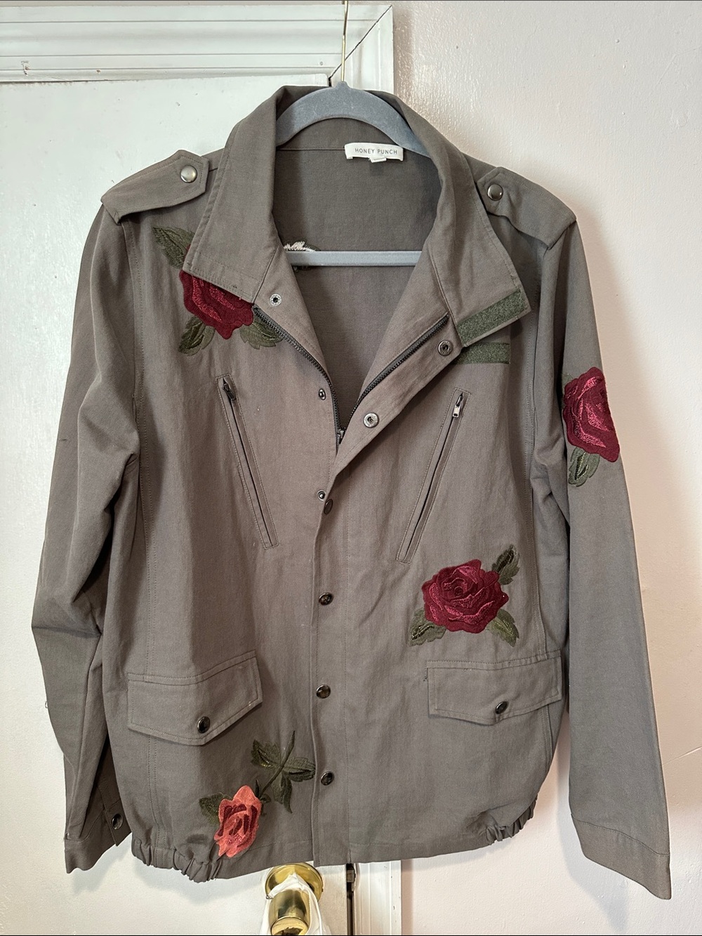 Honey Punch Olive Green Utility Jacket with Appliqués